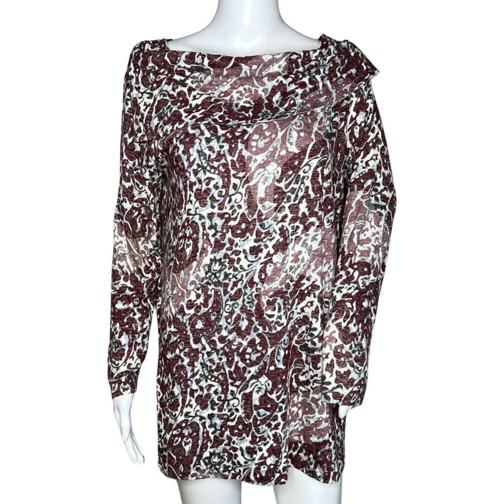 Chicos Sweater Womens Medium Tunic Burgundy Paisley Fold Over Neck Tunic Zenergy